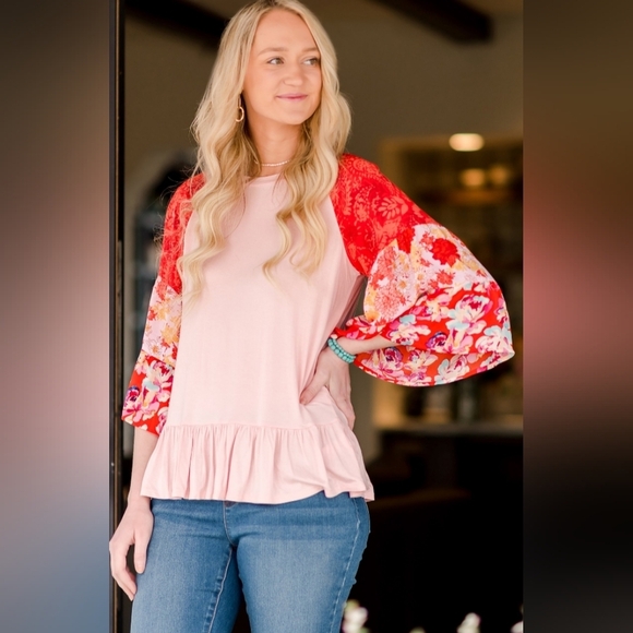 2/$30 Whimsy Ruffled Hem Floral Puff Sleeve PIONEER WOMAN Cottage Blouse(#1,107) - Picture 1 of 9